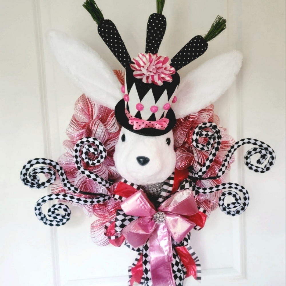 Spring Bunny Wreath Deco Mesh Bow Plush Rabbit - Picture 2 of 12